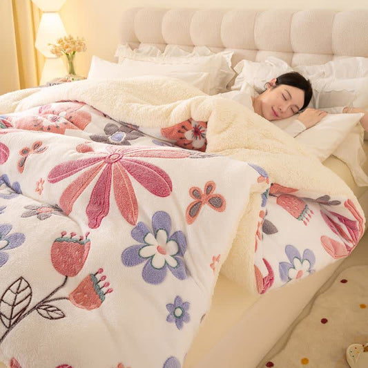 Couverture chaude en peluche Sherpa colorée avec motif floral - 220 cm x 240 cm - image 0