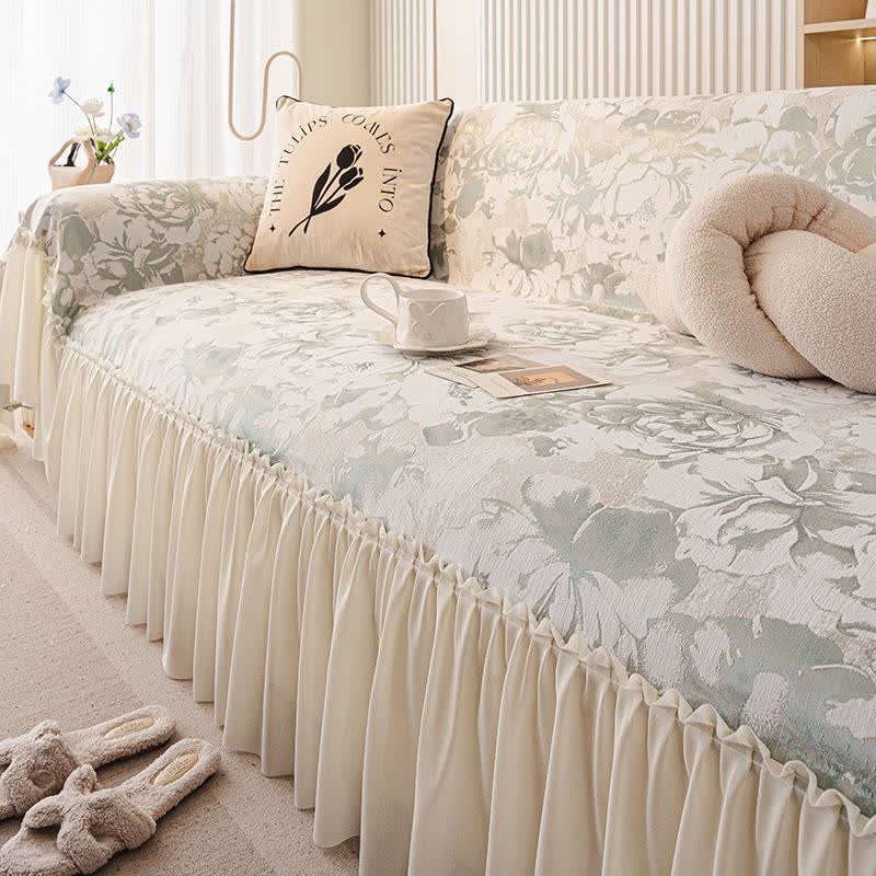Housse de canapé en chenille avec volant français et motif floral - Vert - 180 cm x 340 cm - image 2