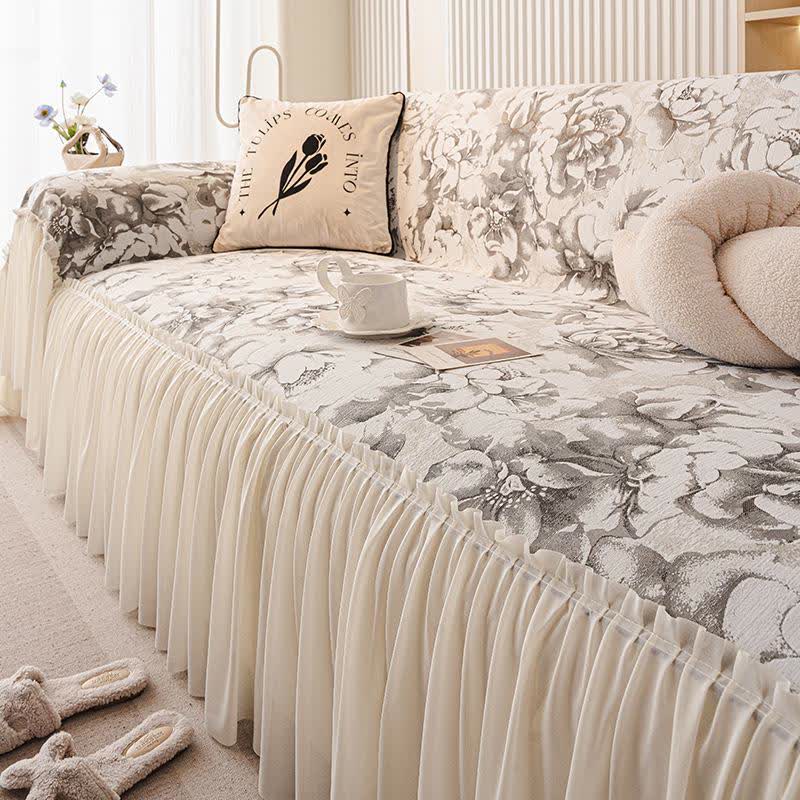 Housse de canapé en chenille avec volant français et motif floral - gris foncé - 180 cm x 340 cm - image 6