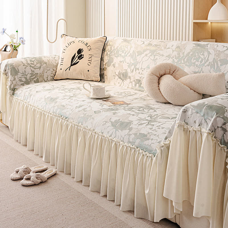 Housse de canapé en chenille avec volant français et motif floral - image 3