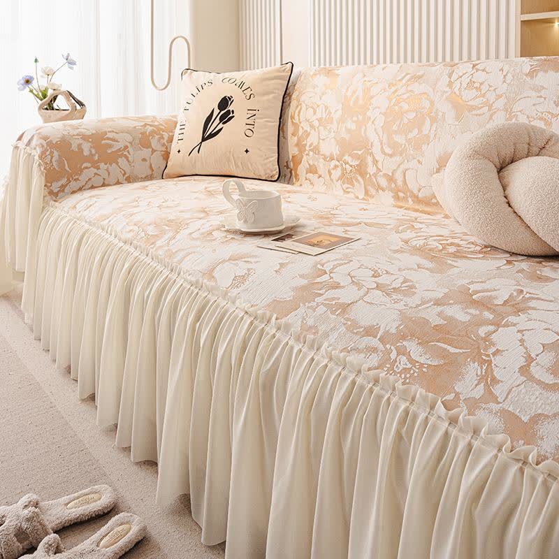 Housse de canapé en chenille avec volant français et motif floral - Beige - 180 cm x 340 cm - image 4