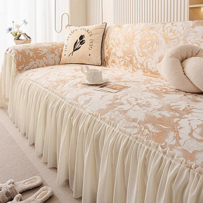 Housse de canapé en chenille avec volant français et motif floral - Beige - 180 cm x 340 cm - image 4