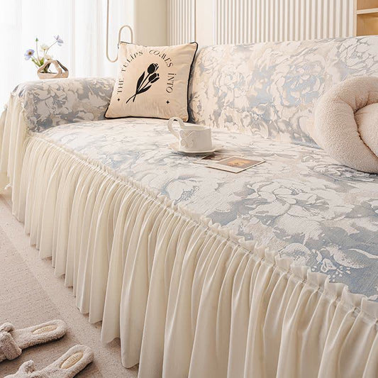 Housse de canapé en chenille avec volant français et motif floral - Bleu - 180 cm x 340 cm - image 0