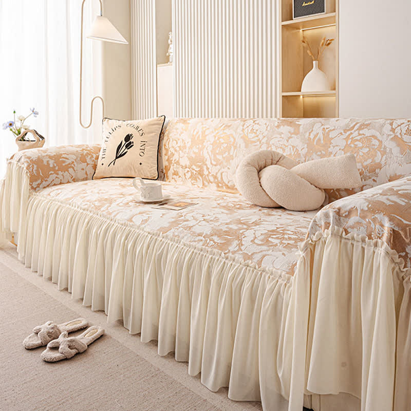 Housse de canapé en chenille avec volant français et motif floral - image 5