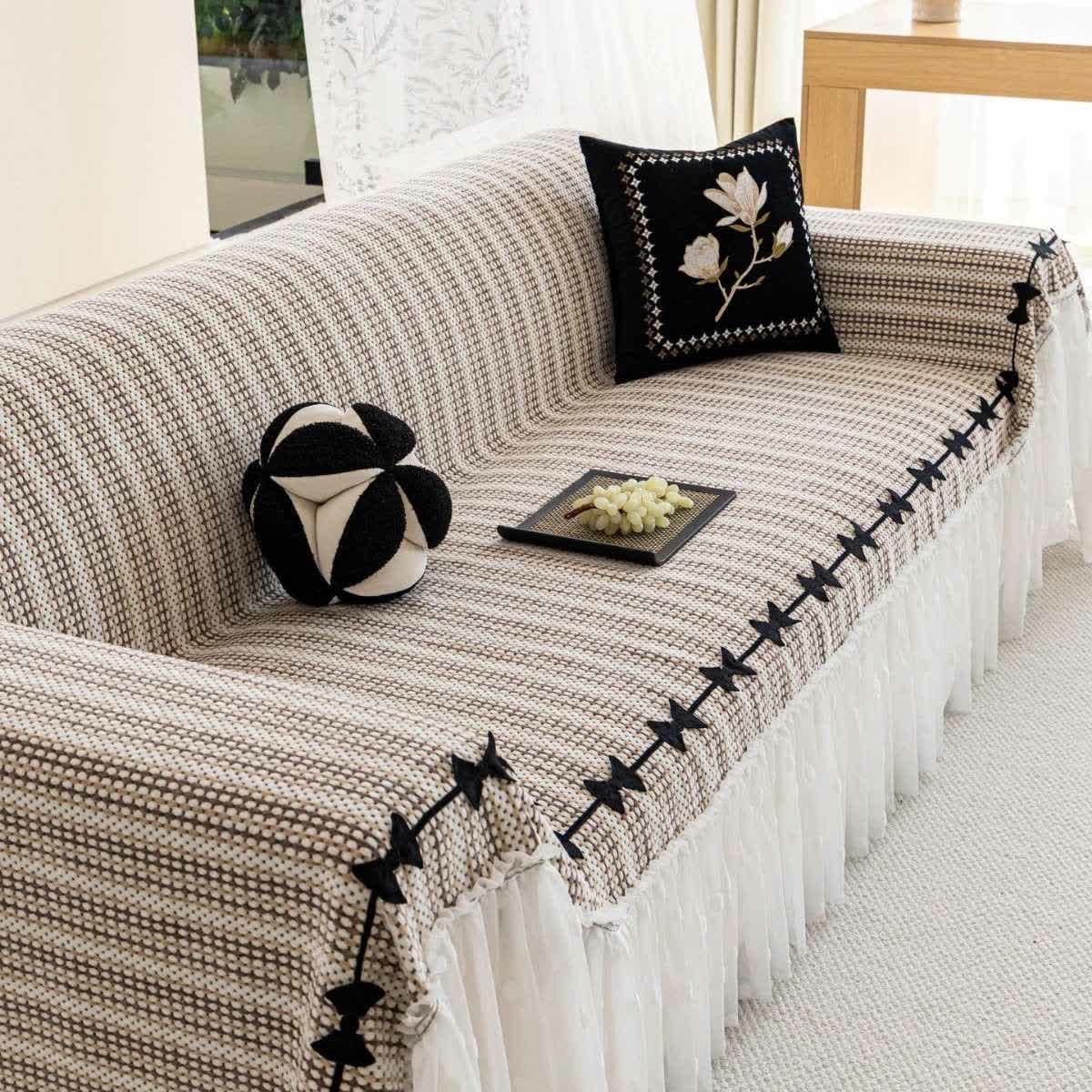 Housse de canapé en chenille avec nœud et volants - Kaki - 180 cm x 340 cm - image 6