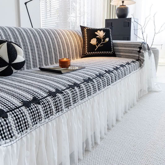 Housse de canapé en chenille avec nœud et volants - Noir - 180 cm x 340 cm - image 0