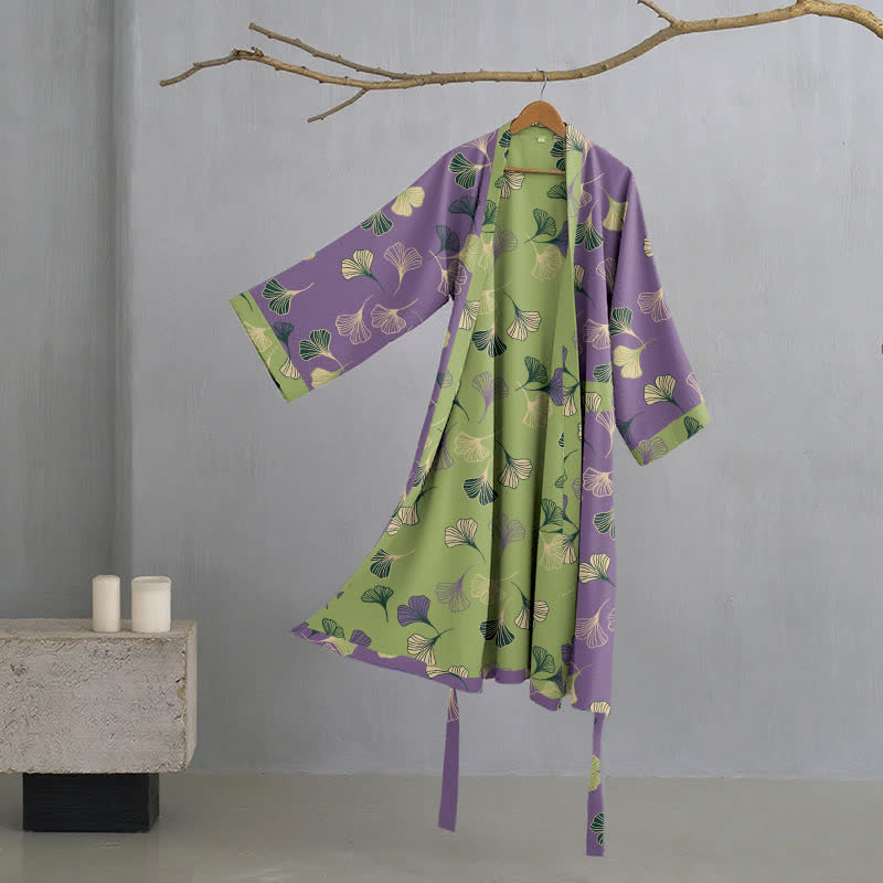 Peignoir kimono en gaze de coton « Ginkgo Biloba » - Violet et vert - 2XL - image 28
