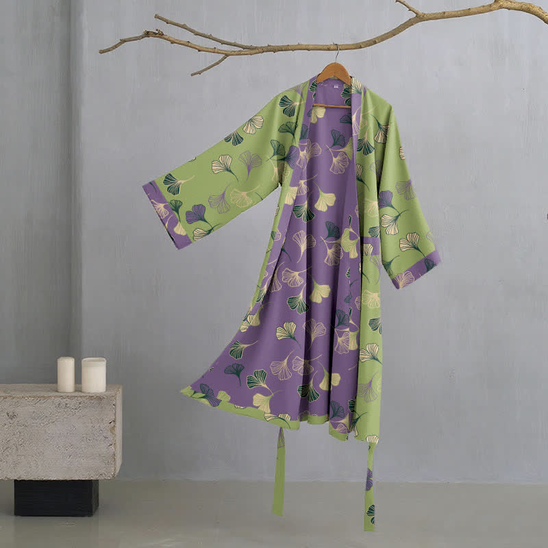 Peignoir kimono en gaze de coton « Ginkgo Biloba » - Vert et violet - 2XL - image 32