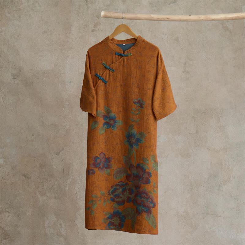 Chemise de nuit vintage en gaze de coton à fleurs de pêcher - Orange - L - image 1