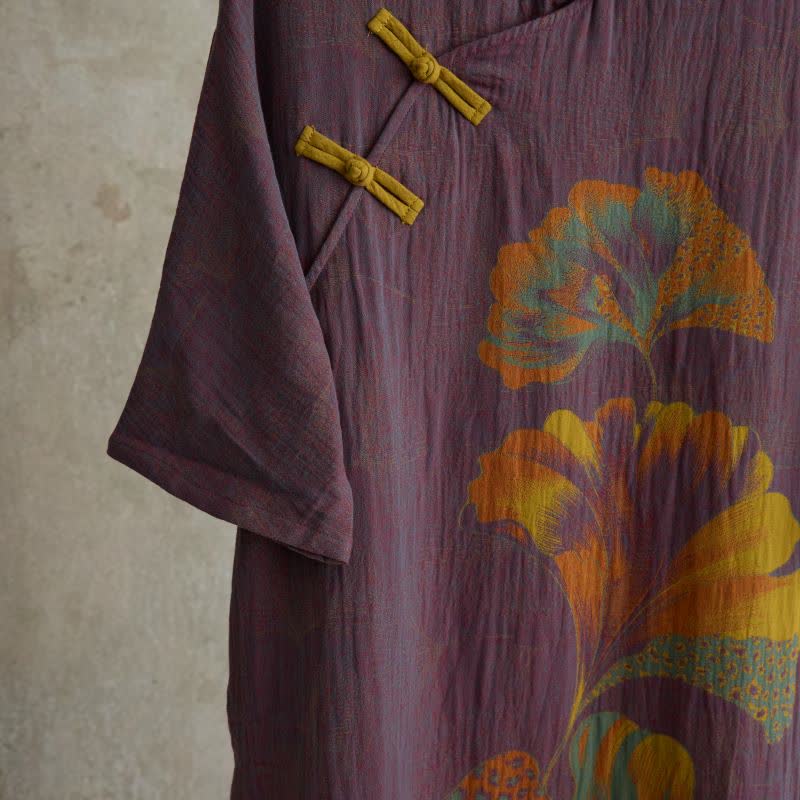 Chemise de nuit cheongsam en coton à imprimé feuilles de ginkgo - image 4