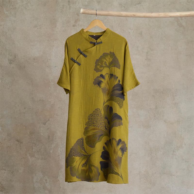 Chemise de nuit cheongsam en coton à imprimé feuilles de ginkgo - Jaune - Taille unique - image 6