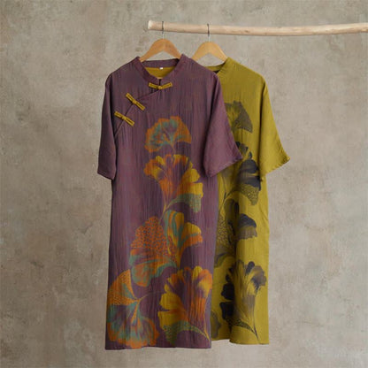 Chemise de nuit cheongsam en coton à imprimé feuilles de ginkgo - image 0
