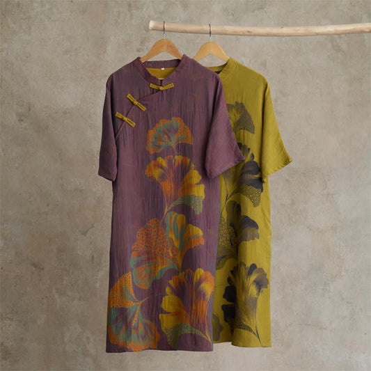 Chemise de nuit cheongsam en coton à imprimé feuilles de ginkgo - image 0