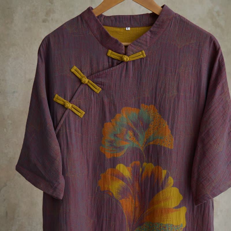 Chemise de nuit cheongsam en coton à imprimé feuilles de ginkgo - image 2