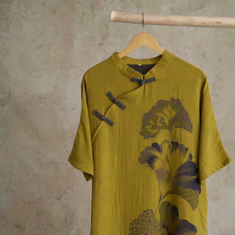 Chemise de nuit cheongsam en coton à imprimé feuilles de ginkgo - image 7