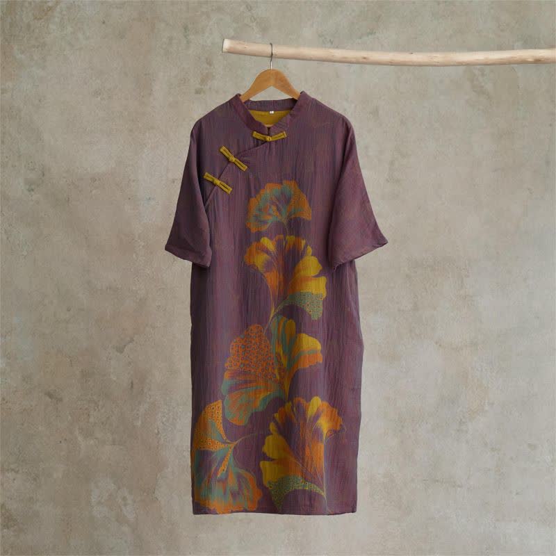 Chemise de nuit cheongsam en coton à imprimé feuilles de ginkgo - Violet - Taille unique - image 1