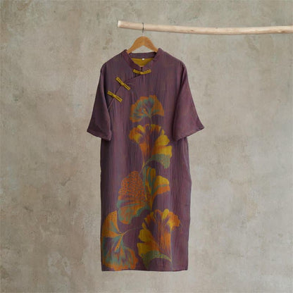 Chemise de nuit cheongsam en coton à imprimé feuilles de ginkgo - Violet - Taille unique - image 1