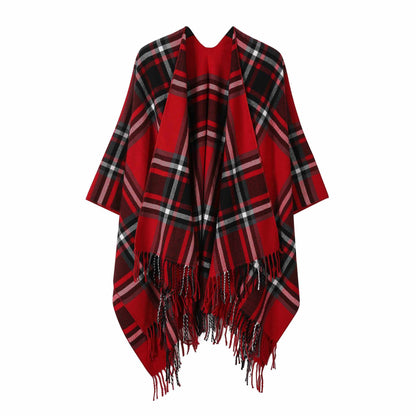 Cape châle classique avec pompon et motif à carreaux - Rouge - 135 cm x 160 cm - image 6