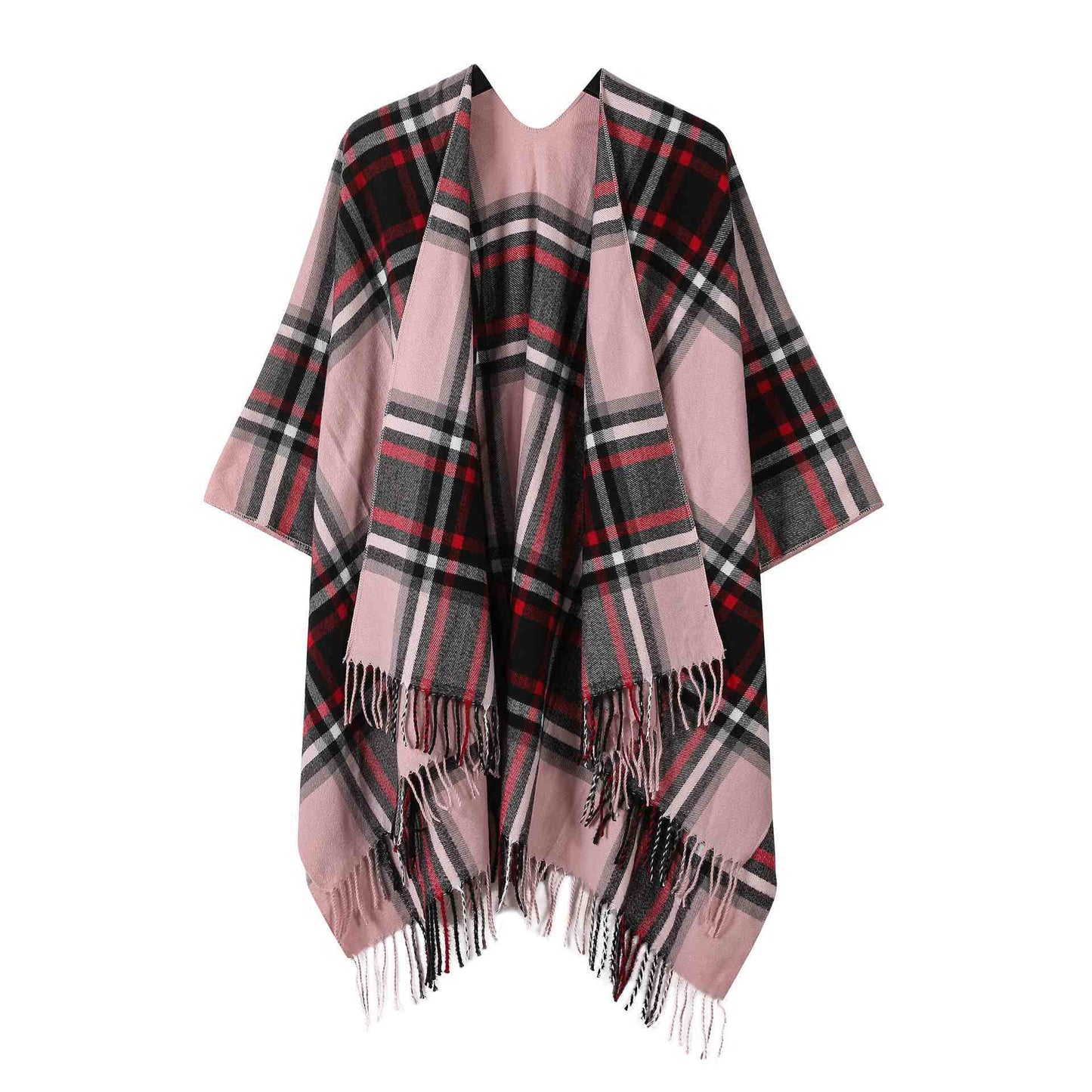 Cape châle classique avec pompon et motif à carreaux - Rose - 135 cm x 160 cm - image 5