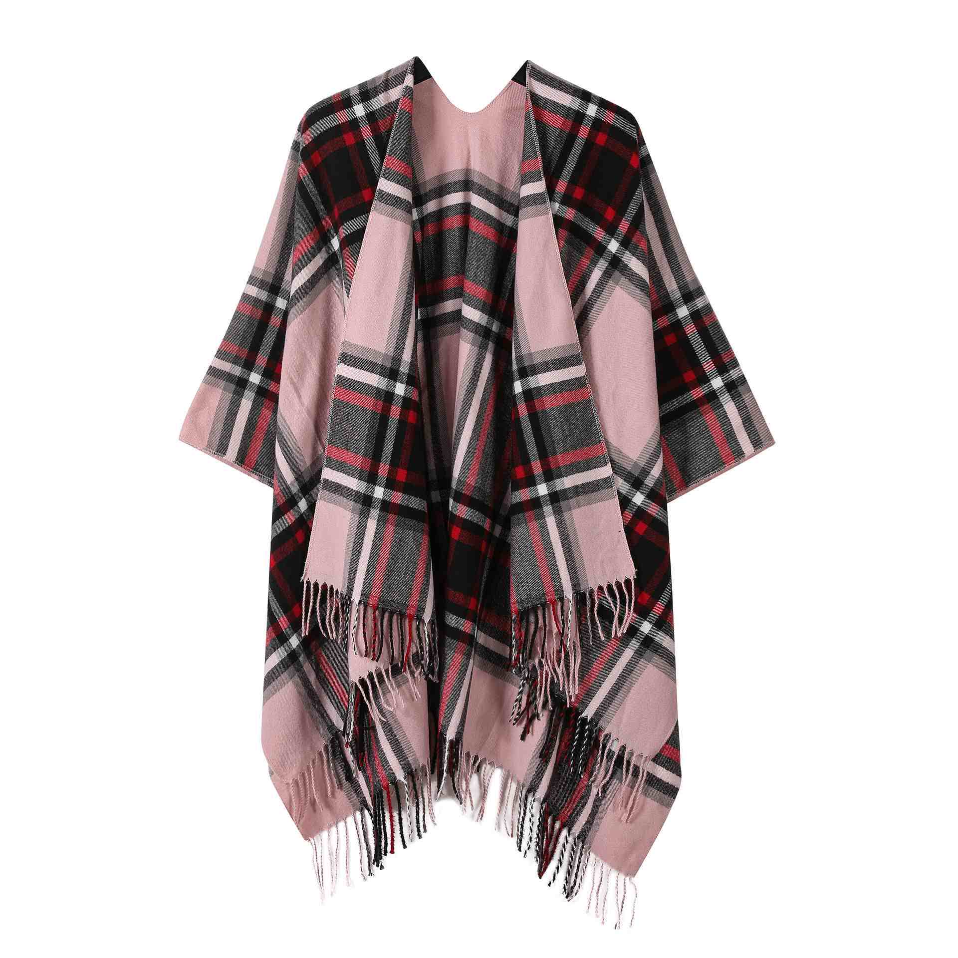 Cape châle classique avec pompon et motif à carreaux - Rose - 135 cm x 160 cm - image 5