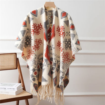 Cape châle de style ethnique avec pompon - Gris - 110 cm x 170 cm - image 4