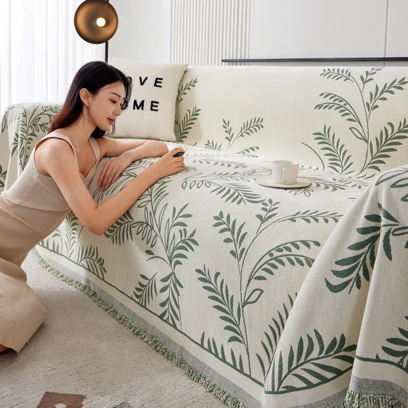 Jeté de canapé en chenille avec motif de feuilles de pin - Vert - 180 cm x 340 cm - image 0