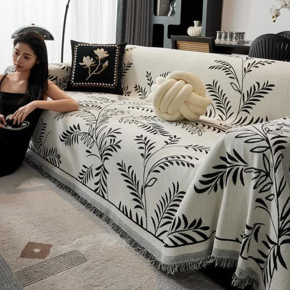 Jeté de canapé en chenille avec motif de feuilles de pin - Noir - 180 cm x 340 cm - image 1