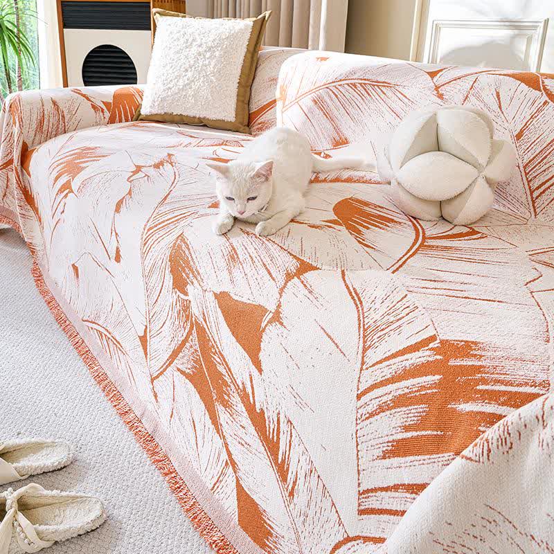 Jeté de canapé en chenille avec motif feuille de bananier - Orange - 180 cm x 340 cm - image 2