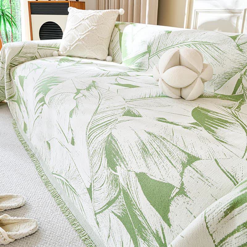 Jeté de canapé en chenille avec motif feuille de bananier - Vert - 180 cm x 340 cm - image 0