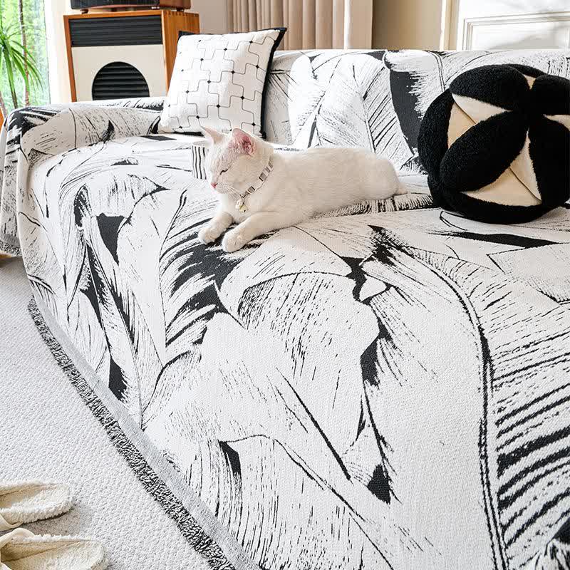 Jeté de canapé en chenille avec motif feuille de bananier - Noir - 180 cm x 340 cm - image 1