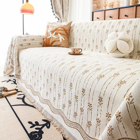 Couverture de canapé en chenille à motif floral rayé - Beige - 180 cm x 340 cm - image 0