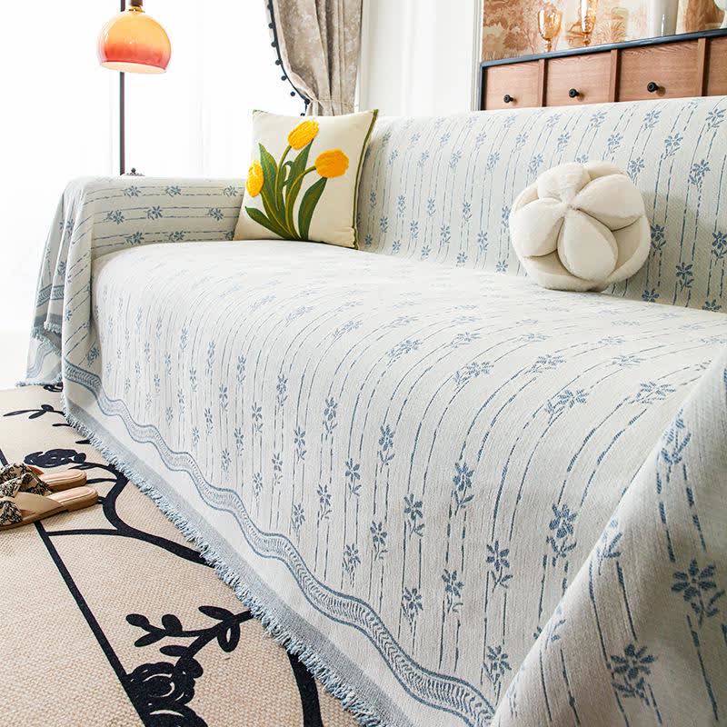 Couverture de canapé en chenille à motif floral rayé - Bleu - 180 cm x 340 cm - image 5