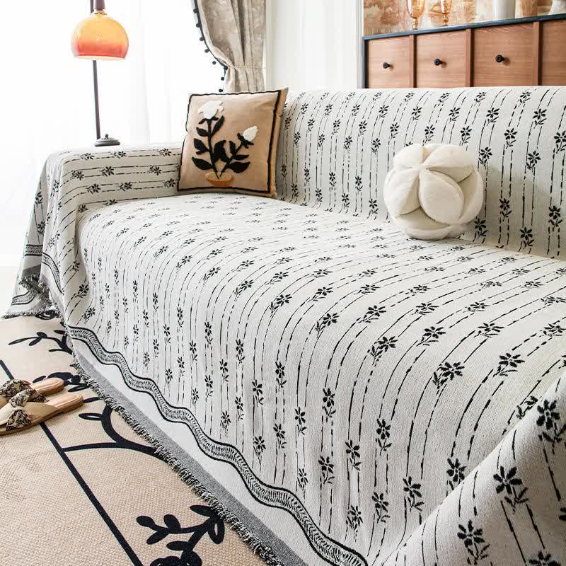 Couverture de canapé en chenille à motif floral rayé - Noir - 180 cm x 340 cm - image 7