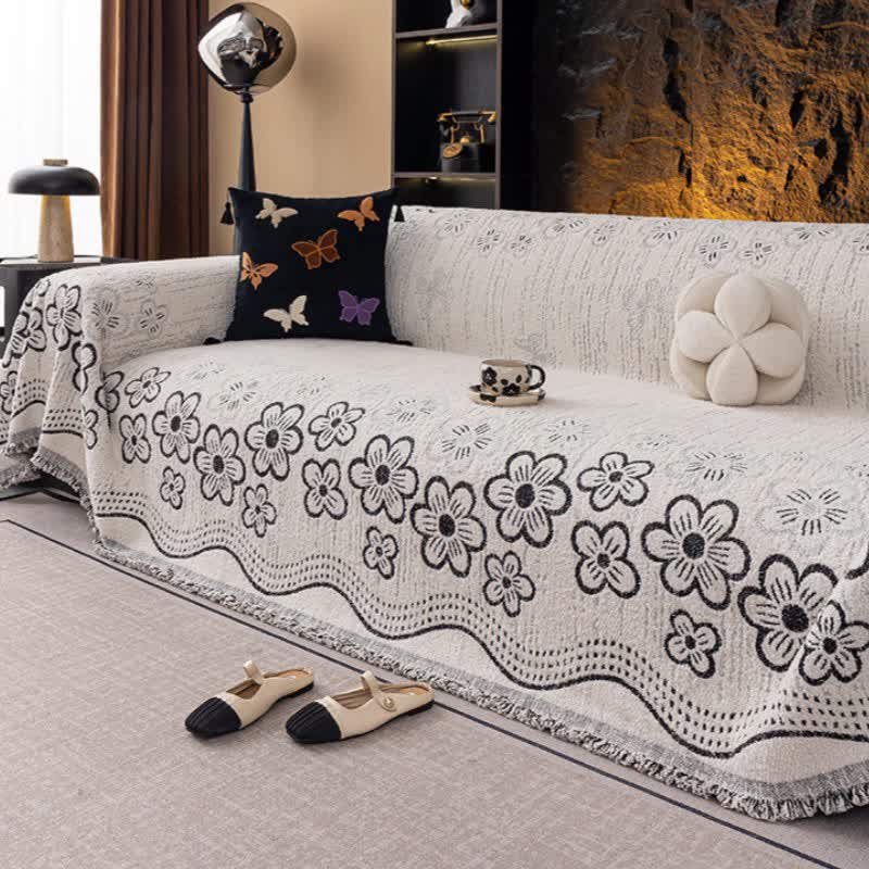 Couverture de canapé avec pompon en jacquard floral - image 5