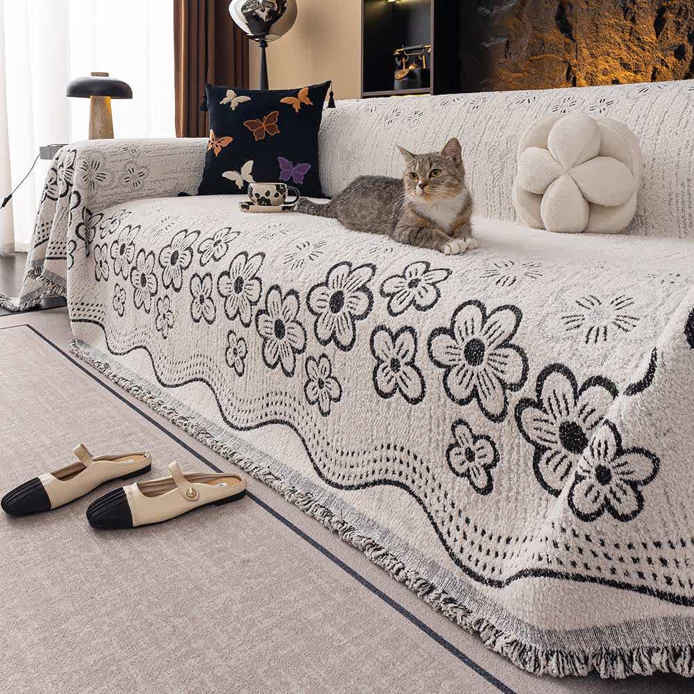 Couverture de canapé avec pompon en jacquard floral - Noir - 180 cm x 340 cm - image 4
