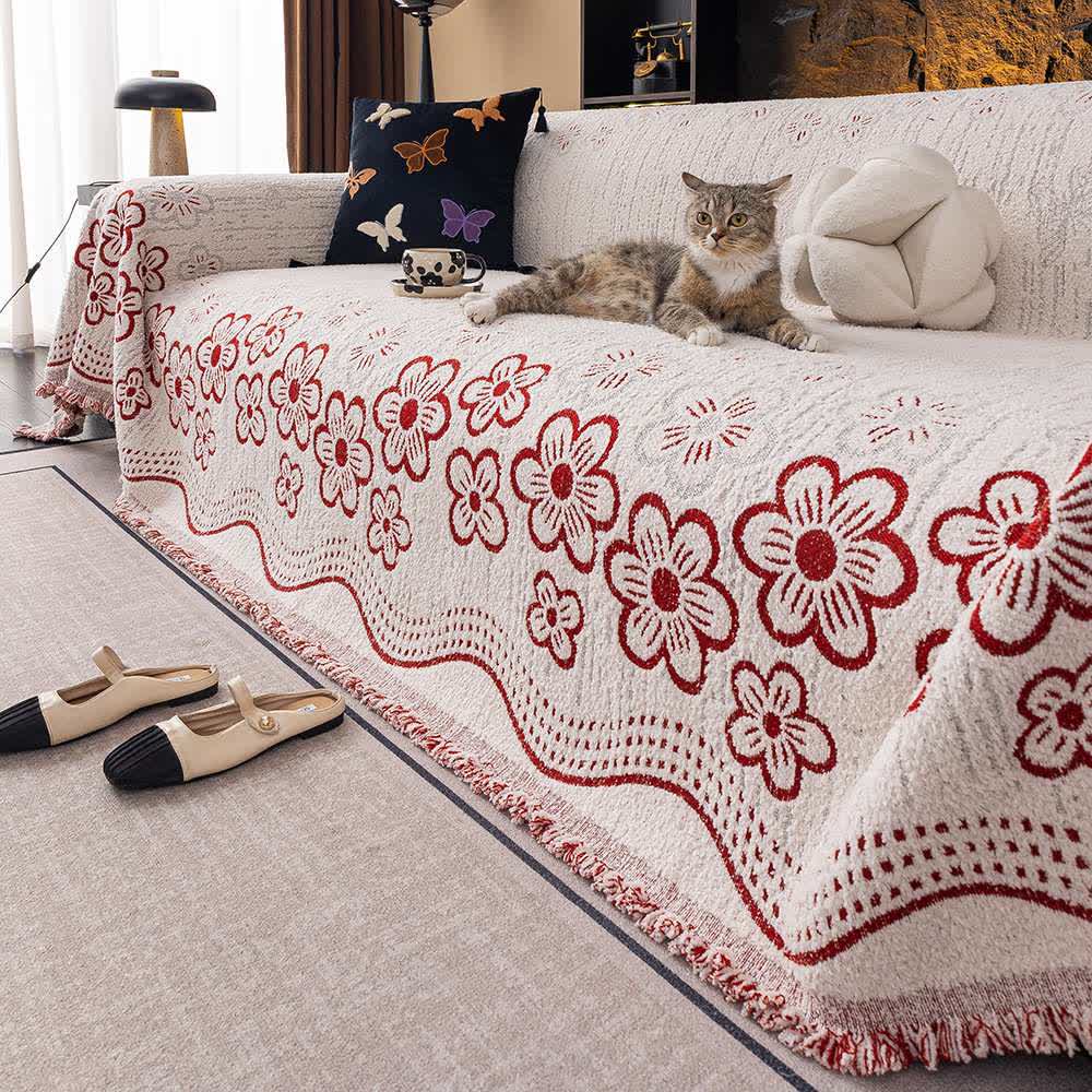 Couverture de canapé avec pompon en jacquard floral - Rouge - 180 cm x 340 cm - image 3