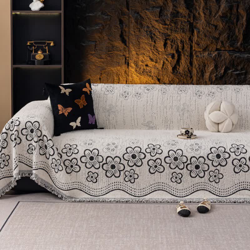 Couverture de canapé avec pompon en jacquard floral - image 6