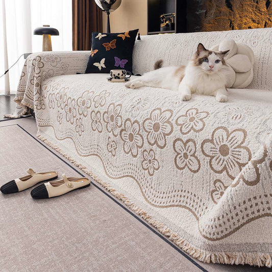Couverture de canapé avec pompon en jacquard floral - Kaki - 180 cm x 340 cm - image 0
