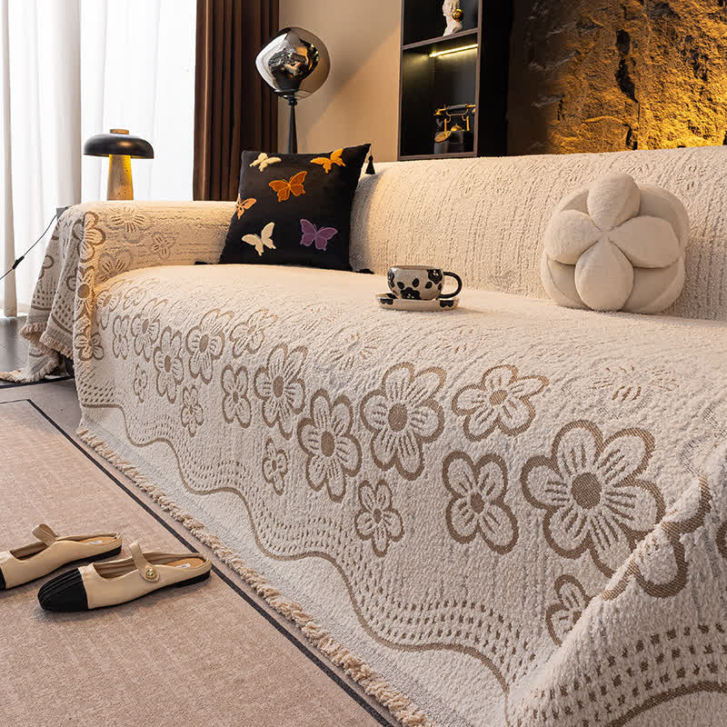Couverture de canapé avec pompon en jacquard floral - image 1