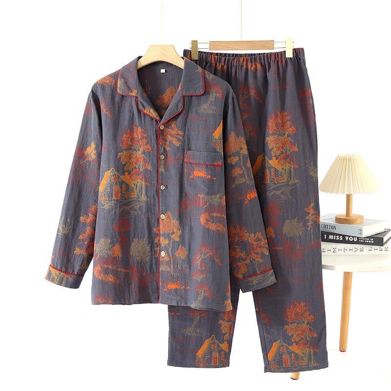 Ensemble de vêtements d'intérieur en coton jacquard à imprimé arbre rétro - Gris Bleu - XL - image 3