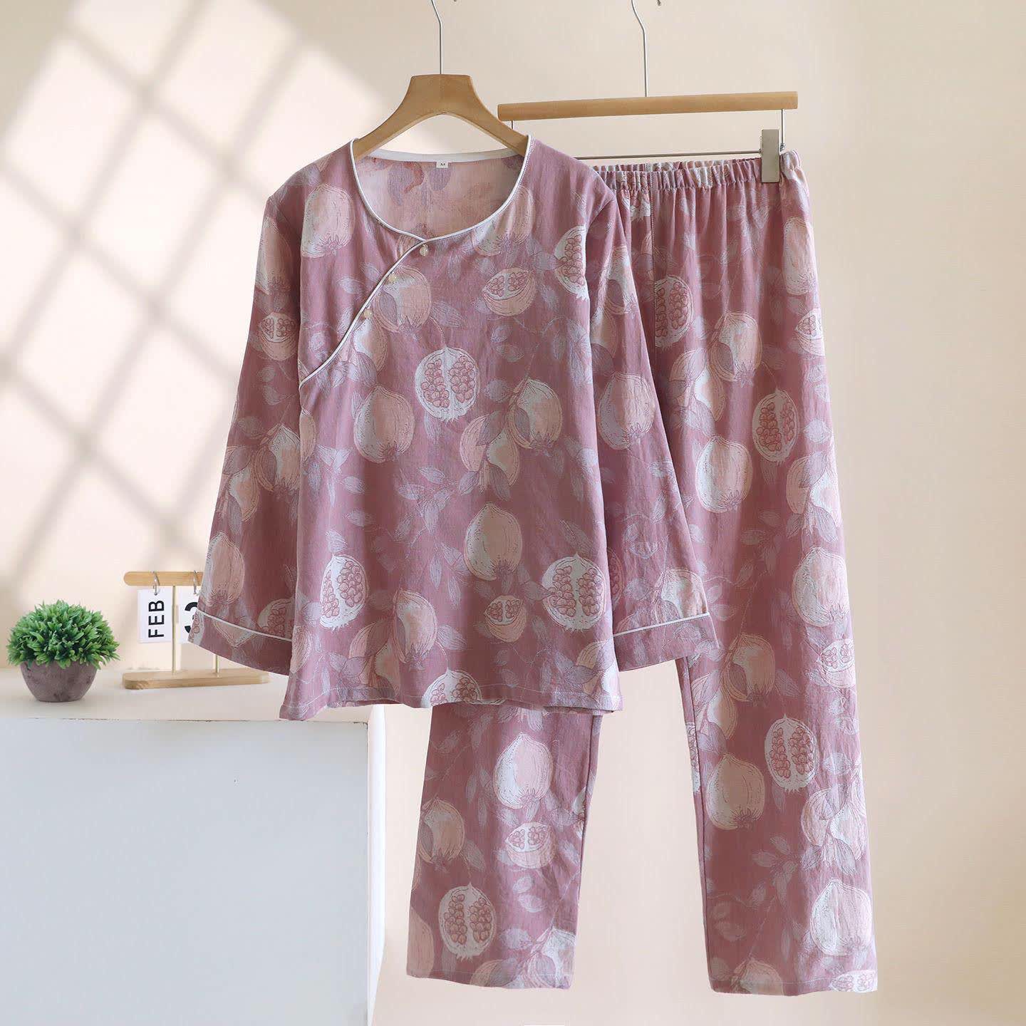 Ensemble de vêtements d'intérieur vintage en gaze de coton à motif grenade - Violet - XL - image 2