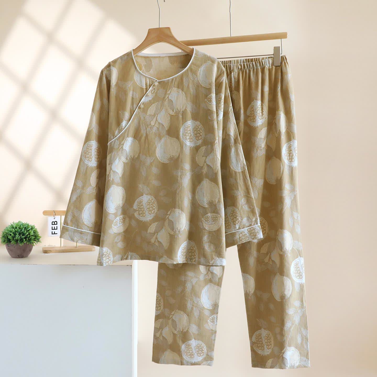 Ensemble de vêtements d'intérieur vintage en gaze de coton à motif grenade - jaune foncé - XL - image 14
