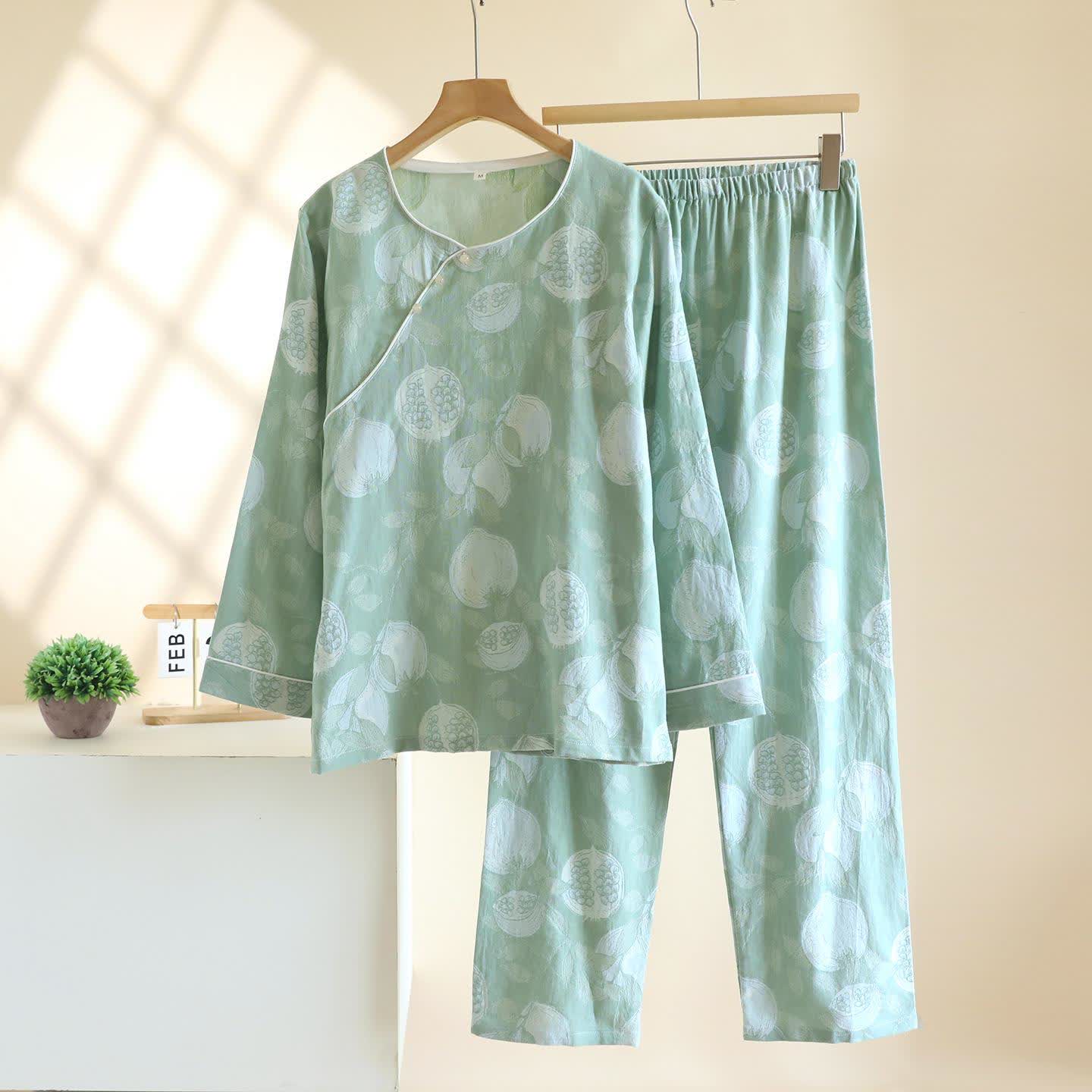Ensemble de vêtements d'intérieur vintage en gaze de coton à motif grenade - Vert clair - XL - image 13