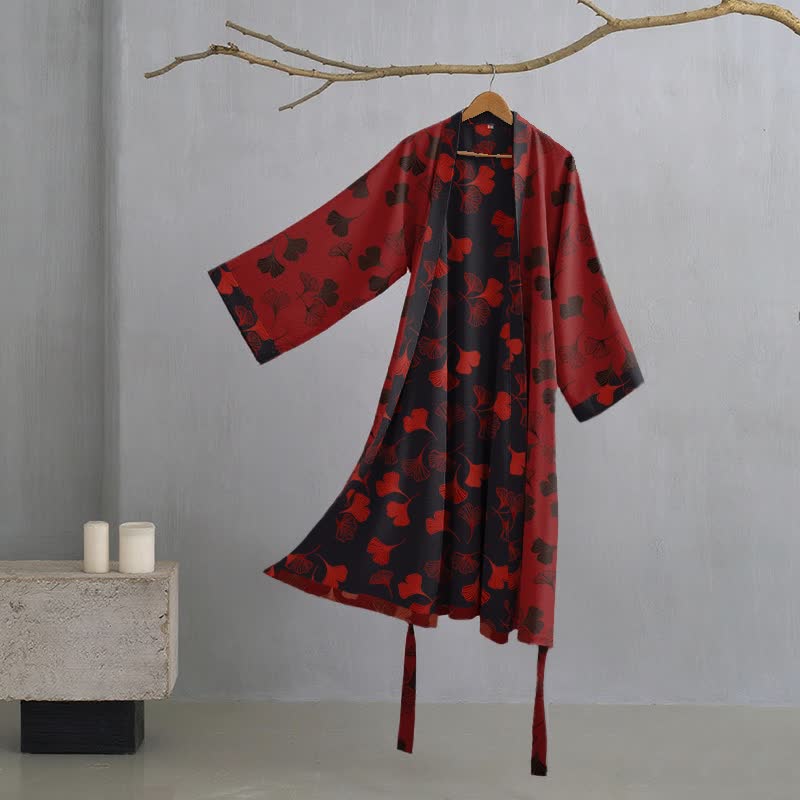 Peignoir kimono en gaze de coton « Ginkgo Biloba » - Rouge et noir - 2XL - image 38