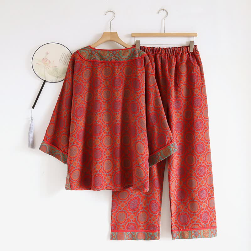 Ensemble de vêtements d'intérieur rétro oriental en coton avec pompons - image 1