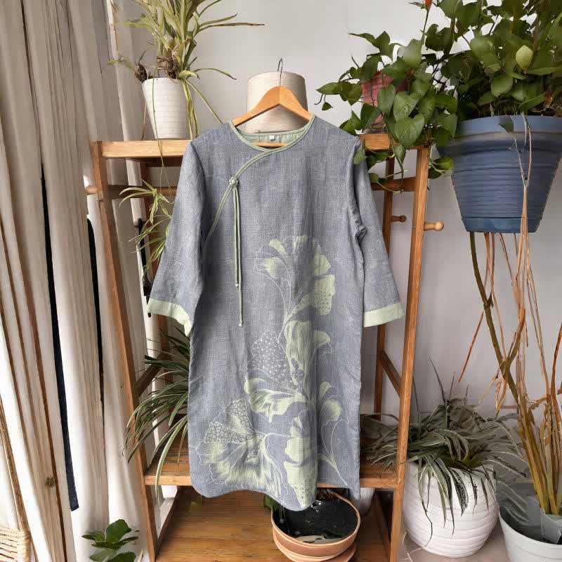 Chemise de nuit en gaze de coton inspirée des feuilles de ginkgo - Gris et vert - L - image 4