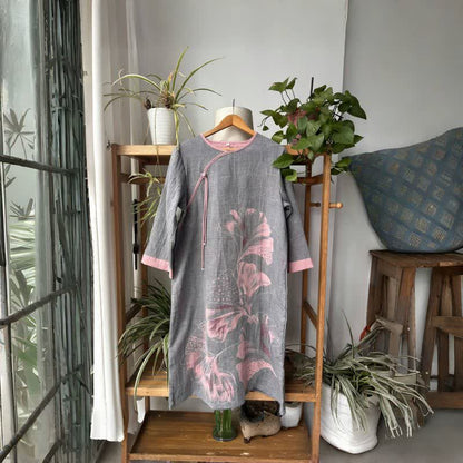 Chemise de nuit en gaze de coton inspirée des feuilles de ginkgo - Gris et rose - L - image 8