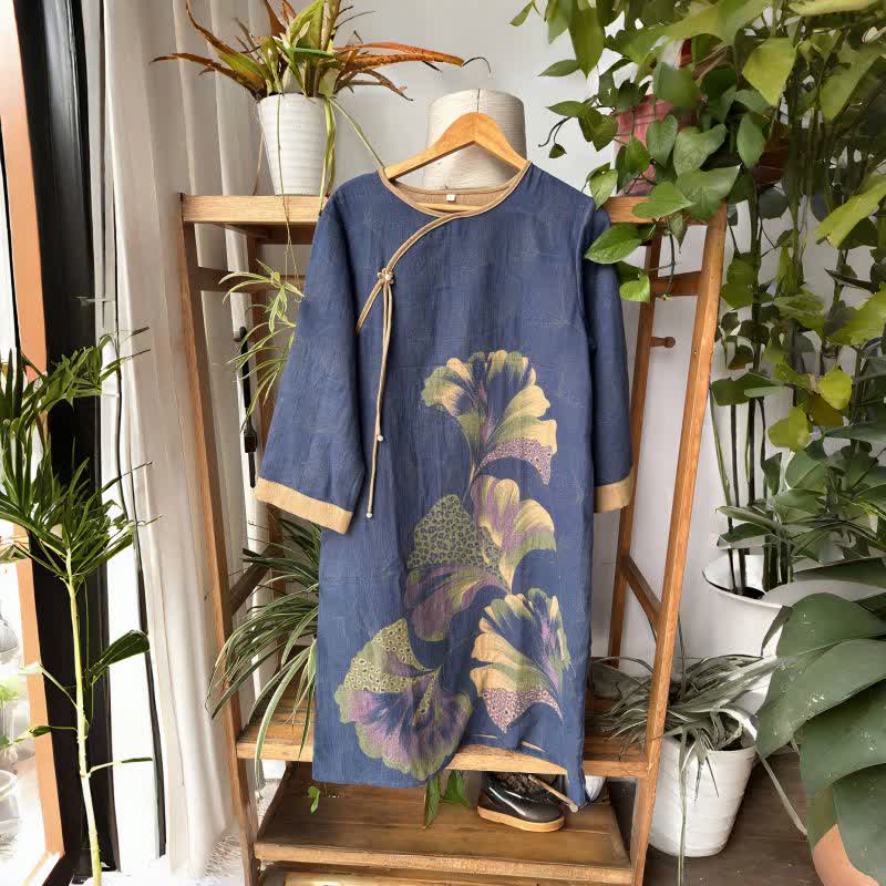 Chemise de nuit en gaze de coton inspirée des feuilles de ginkgo - Bleu - L - image 0