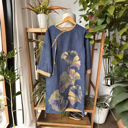 Chemise de nuit en gaze de coton inspirée des feuilles de ginkgo - Bleu - L - image 0