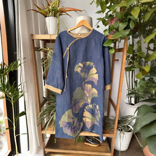 Chemise de nuit en gaze de coton inspirée des feuilles de ginkgo - Bleu - L - image 0